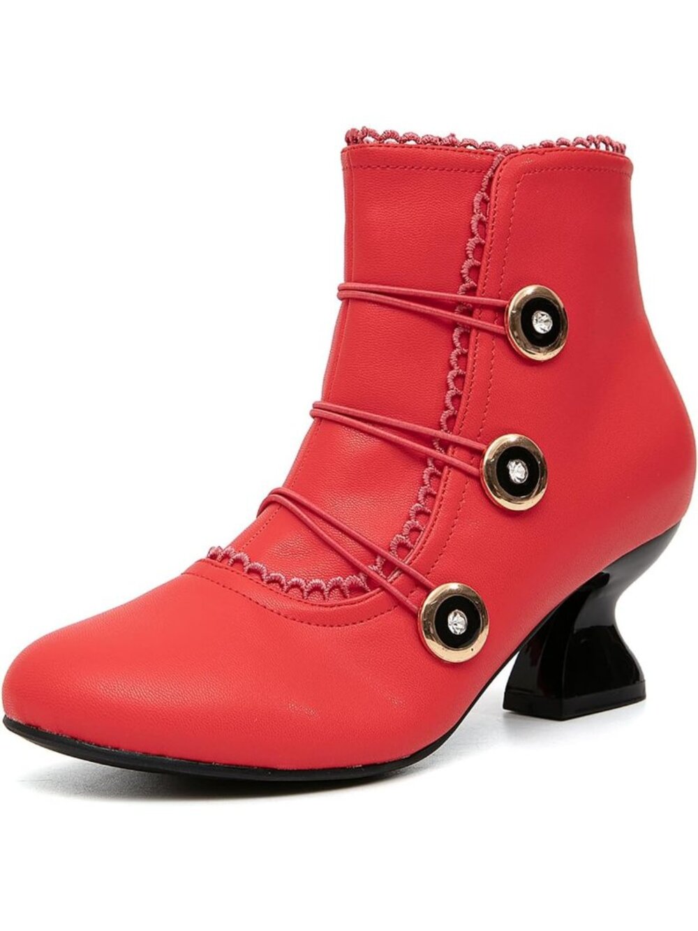 Women's Red Ankle Boots Low Heels Lace Buttons Round Toe Side Zipper Boots